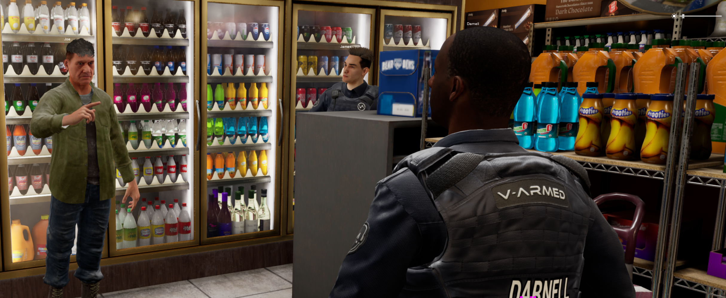 Virtual responder facing a person inside a convenience-store scenario with another officer visible near the counter.